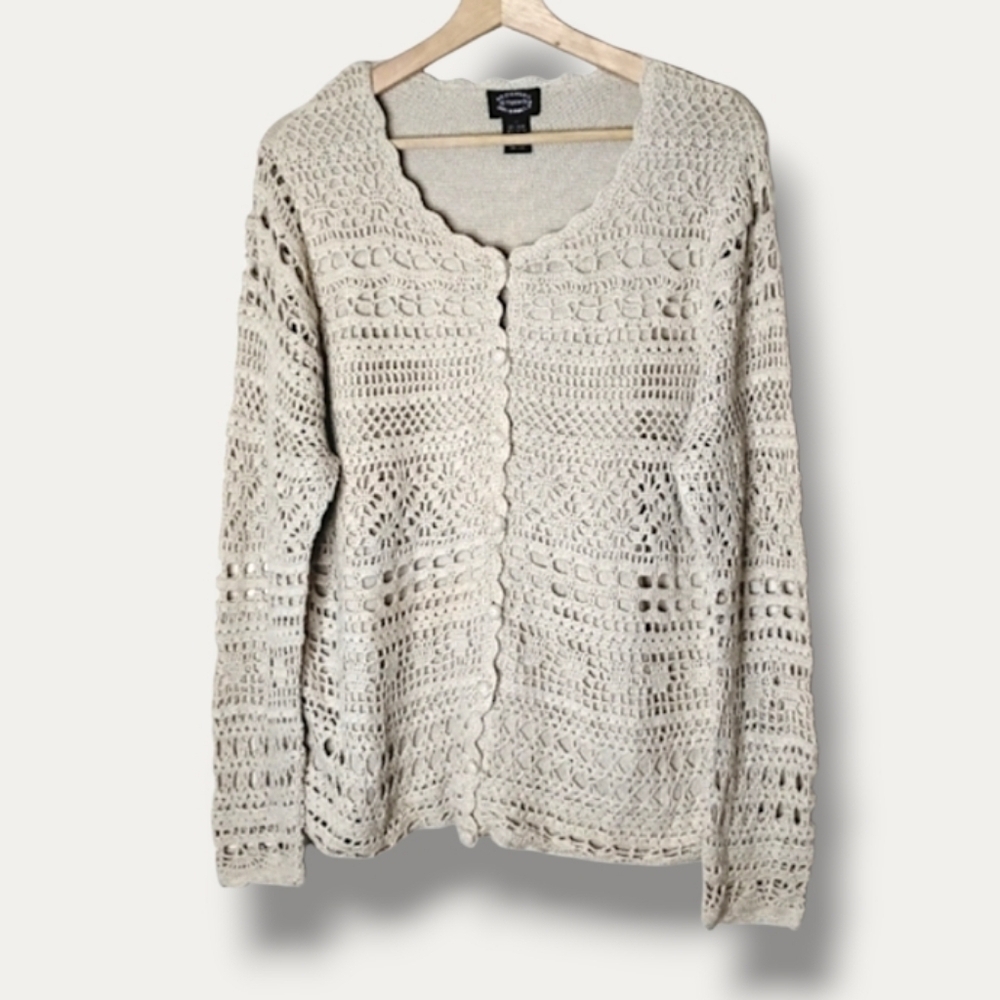 Designers Studio Tan Crochet Cardigan Sweater 1X - Picture 8 of 8